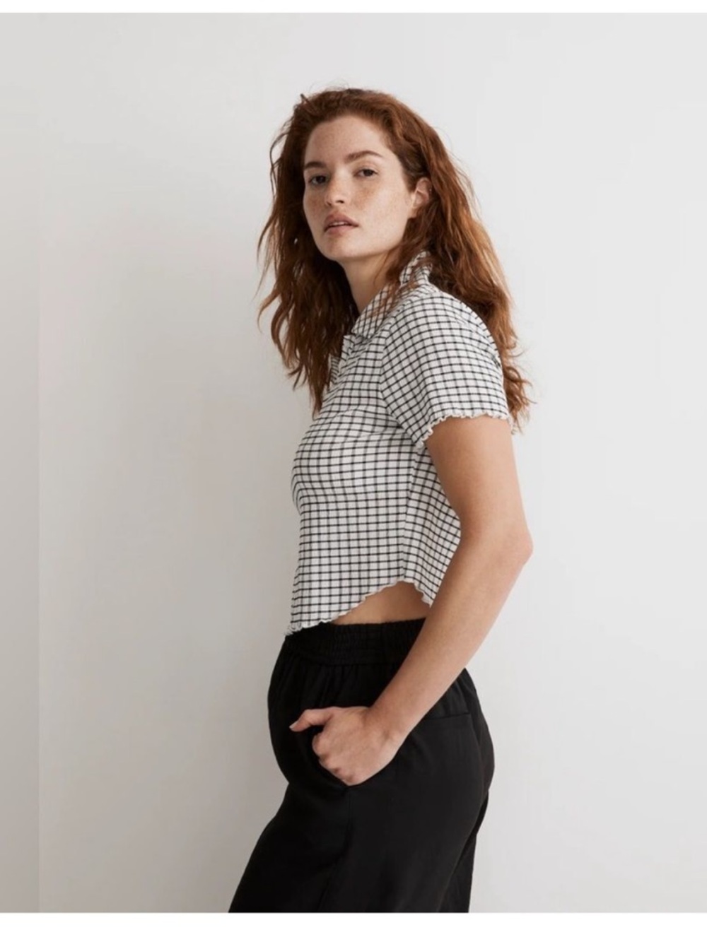 Madewell Windowpane Plaid Crinkle Polo Crop Tee - Picture 2 of 9